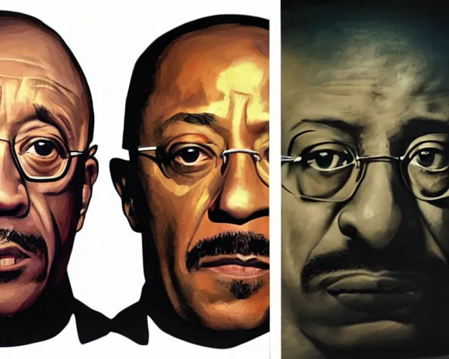 Image similar to jonathan banks as mike ehrmantraut and giancarlo esposito as gustavo fring from breaking bad, cinematic lighting, oil painting portrait