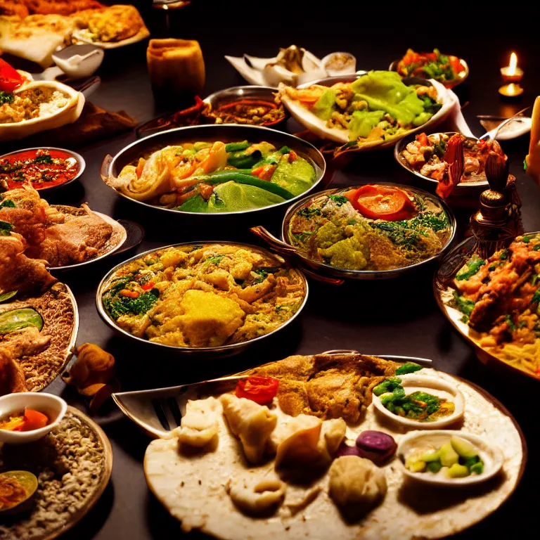 Prompt: close - up focused dslr photograph of an egyptian dinner, 8 k, high detail, volumetric lighting, hyperrealism, aesthetically pleasing, studio lighting, trending