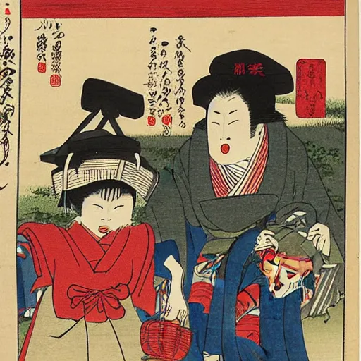 Prompt: japanese woodblock print of children trick or treating on halloween, ukiyo - e, hokusai, highly detailed, vivid colors