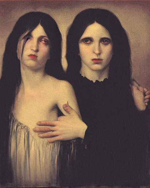 Image similar to a beautiful and eerie baroque painting of two beautiful but creepy siblings wearing black t - shirts in layers of fear, with haunted eyes and dark hair, 1 9 7 0 s, seventies, wallpaper, a little blood, morning light showing injuries, golden hour delicate embellishments, painterly, offset printing technique, by brom, robert henri, walter popp