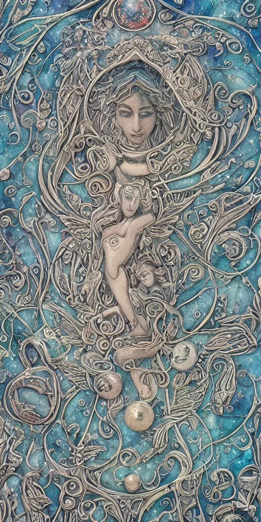 Image similar to intricate colourfully painted carved Soapstone relief paneling, pearl and pale blue toned, celestial, cosmos, galaxies, planets, divinity, moon goddess, mother earth, Earth Goddess mythology, Gaia, angels, dream atmosphere, Ghostly, crystaline celtic, insanly detailed , artstation, wallpaper, hyper realistic, realistic lighting