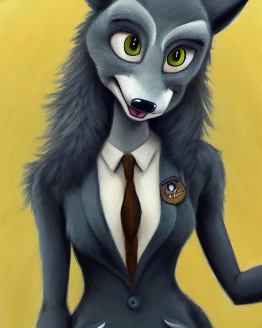 Image similar to oil painting of anthromorphic female wolf, in style of zootopia, female fursona, furry, furaffinity, 4 k, deviantart, furry art, fursona art, wearing black business suit, business suit, wolf fursona, female, very expressive detailed feminine face,