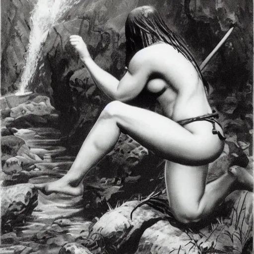 Prompt: a barbarian woman washing her hair in a stream, full body, bending over, facing away, frank frazetta