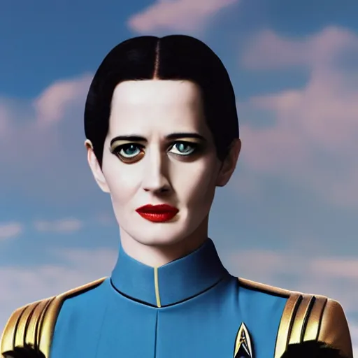 Image similar to a full body portrait of eva green as a vulcan star fleet officer from star trek next generation dressed in full uniform, ultra rendered extreme realism and detail, 8 k, highly detailed, realistic, completely framed, hyper realistic, colorful, direct lighting, 3 5 mm photo, photorealistic, sharp focus