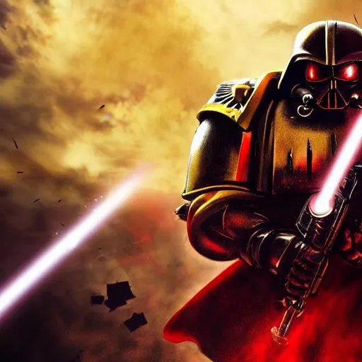 Image similar to space marine from warhammer 40000 in the style of Darth Vader from star wars, realism, against the background of the battlefield, depth of field, focus on darth vader,