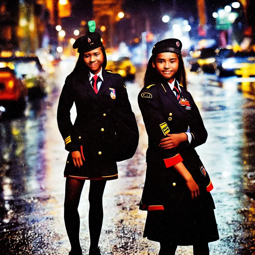 Image similar to night flash portrait photography of a high school girl in uniform on the lower east side by annie leibovitz, colorful, nighttime!, raining!