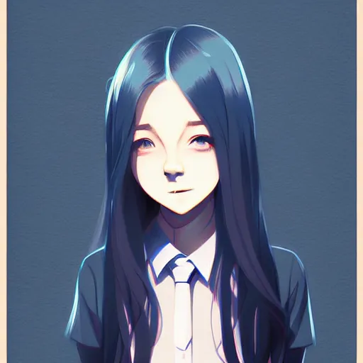 Image similar to urban school girl in shirt fanart, dark blue long hair, muted colors, matte print, pastel colors, ornate, digital art, cute smile, digital painting, fan art, elegant, pixiv, by Ilya Kuvshinov, by Studio Ghibli