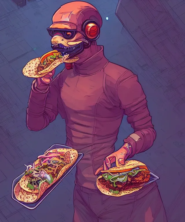 Image similar to a portrait of an anthropomorphic cyberpunk ferret eating a taco, cyberpunk!, fantasy, elegant, digital painting, artstation, concept art, matte, sharp focus, illustration, art by josan gonzalez