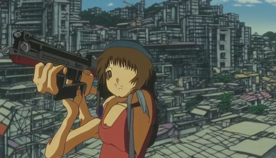 Prompt: 1 9 8 6 anime screencap of a girl with a gun on a rio de janeiro anime, by hayao miyazaki, studio ghibli, beautiful favela background extremely utra high quality artwork 8 k