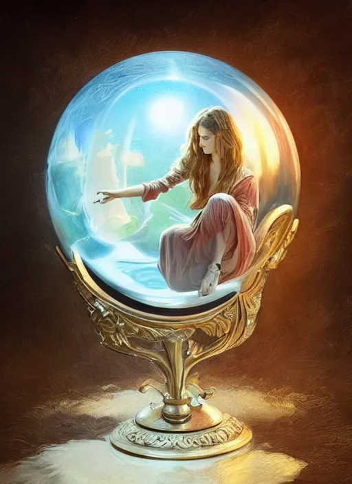 Image similar to crystal ball on a wood stand with a beautiful dreamscape inside, studio product photography, centered, super highly detailed, professional digital painting, artstation, concept art, smooth, sharp focus, extreme illustration, unreal engine 5, photorealism, beautiful, cinematic, art by artgerm and rutkowski and alphonse mucha and loish and wlop