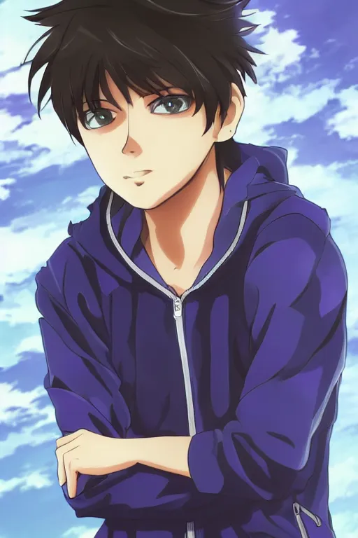 Image similar to portrait of a teen boy wearing a blue and white jumpsuit, brown spiky hair, tan skin, purple eyes, detailed, anime key visual, hisashi hirai