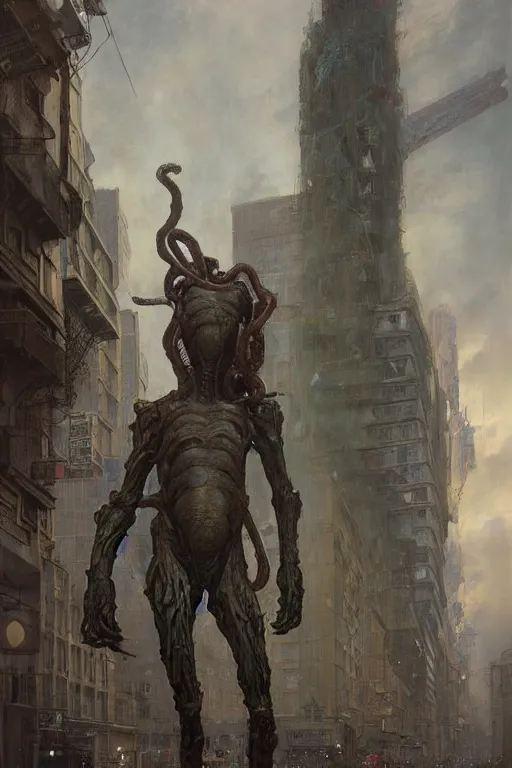 Image similar to huge towering bipedal martian with bulbous torso and tentacles instead of arms walks down city street, people flee, painted by ruan jia, raymond swanland, lawrence alma tadema, zdzislaw beksinski, norman rockwell, jack kirby, tom lovell, alex malveda, greg staples