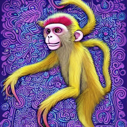 Prompt: colorful flowerpunk white monkey meditation, natural background, fantasy character