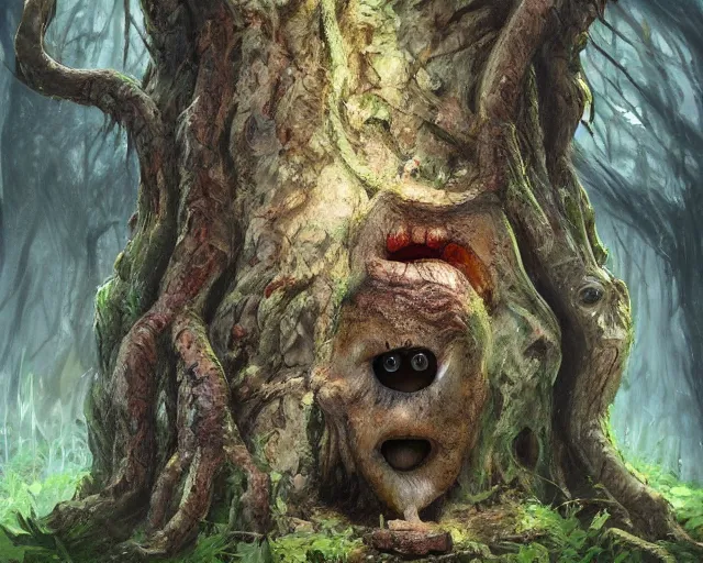 Prompt: a talking tree, a face in the bark, big eyes, in the forest, fantasy concept art, oil painting, whide shot, hyperrealistic, highly detailed, artstation, cgsociety