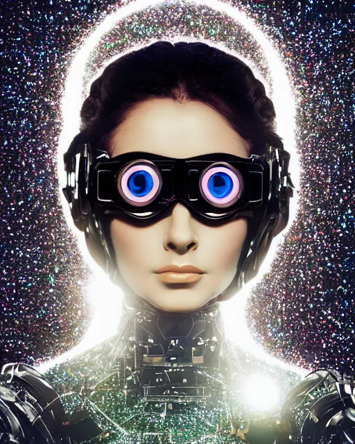 Image similar to centered portrait of soulful young elizabeth taylor as a solarpunk mecha humanoid robotic parts wearing crystal goggles with bright led lights, real human face, pudica gesture bouguereau style, in white room, ultra - realistic and intricate, soft portrait shot 8 k