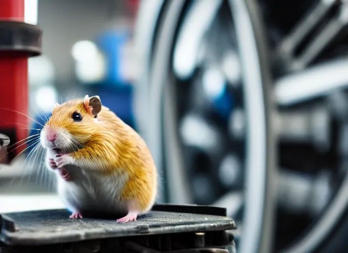 Image similar to film still of a hamster working as a mechanic in an auto shop, 8 k