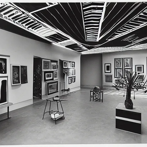 Prompt: A black and white photo in sérigraphie of an exhibition space with works of Sun Ra, Marcel Duchamp and tropical plants - W 1280