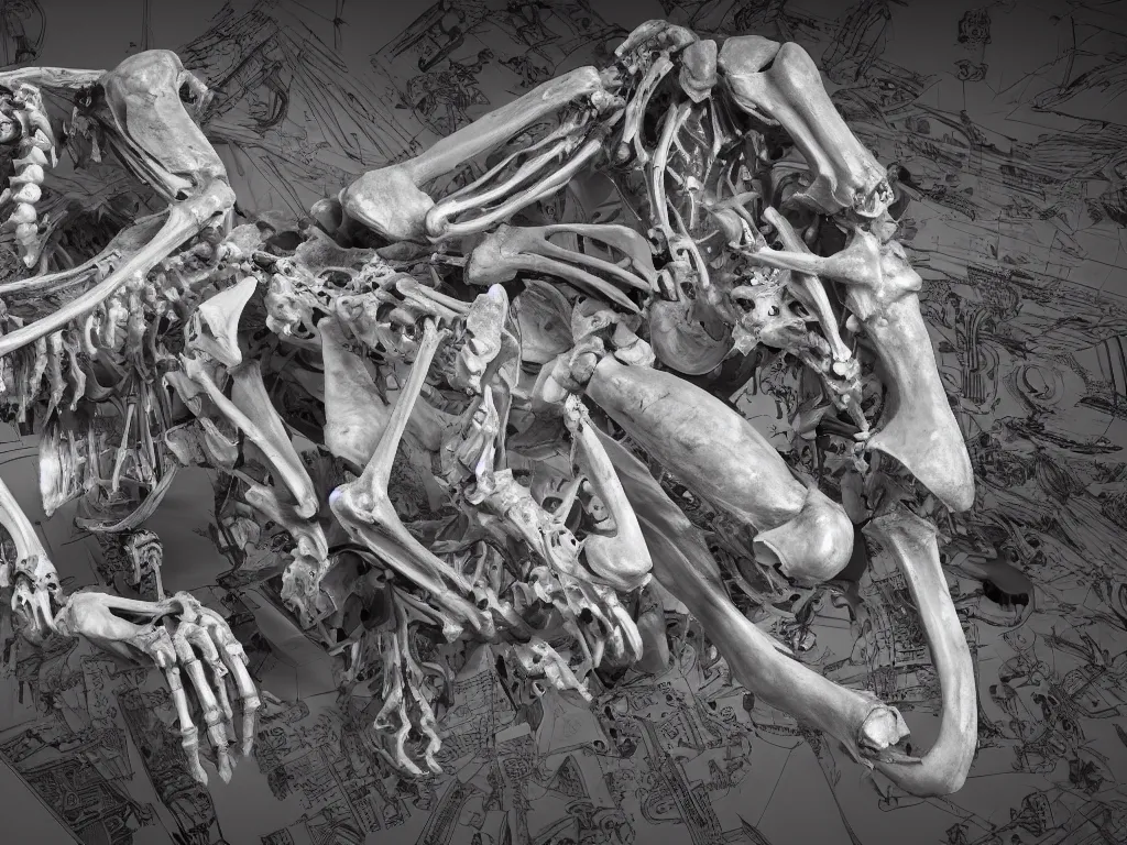 Image similar to cinematic scene of a detailed and intricate design of the back of full female anatomy wrapped in bones, maximalist, real, studio shot, dynamic lighting, great finesse organic hyper detailed, engineering blueprints, technical drawings, calculus, stained paper, hyperrealistic, ultra detailed, 4K, octane render, unreal engine