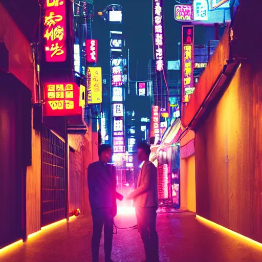 Image similar to Looking down a neon sign lit alleyway in Neo-Tokyo with many neon signs and izakayas, two Japanese businessmen standing against a wall talking to each other, one streetlight, cyberpunk, trending on artstation and behance, by Beeple