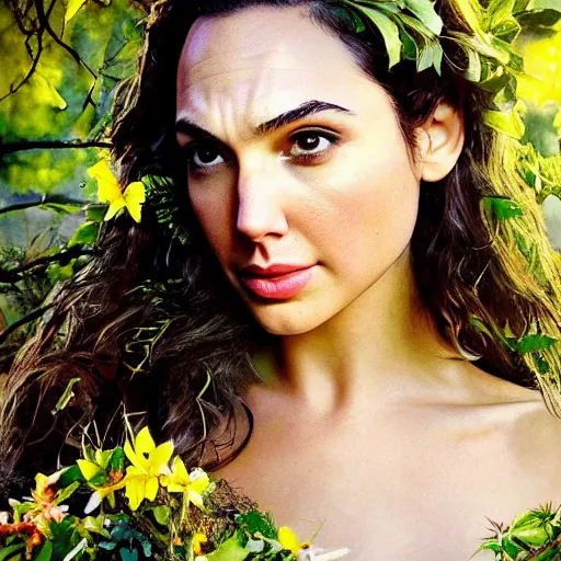 Prompt: Portrait of the beautiful woman Gal Gadot as a forest nymph, she is posing, she has a crown of flowers, she is sitting on an ancient forest, there is fog and lots of extravagant leafs, she is getting ulluminated by the rays of the sunset, the photo was taking by Annie Leibovitz, matte painting, oil painting, naturalism, 4k, 8k