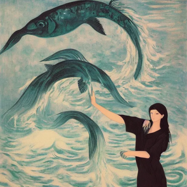Image similar to tall emo female artist holding a large fish in her flooded kitchen, pomegranates, octopus, water gushing from ceiling, painting of flood waters inside an artist's apartment, a river flooding indoors, ikebana, zen, rapids, waterfall, black swans, canoe, berries, acrylic on canvas, surrealist, by magritte and monet