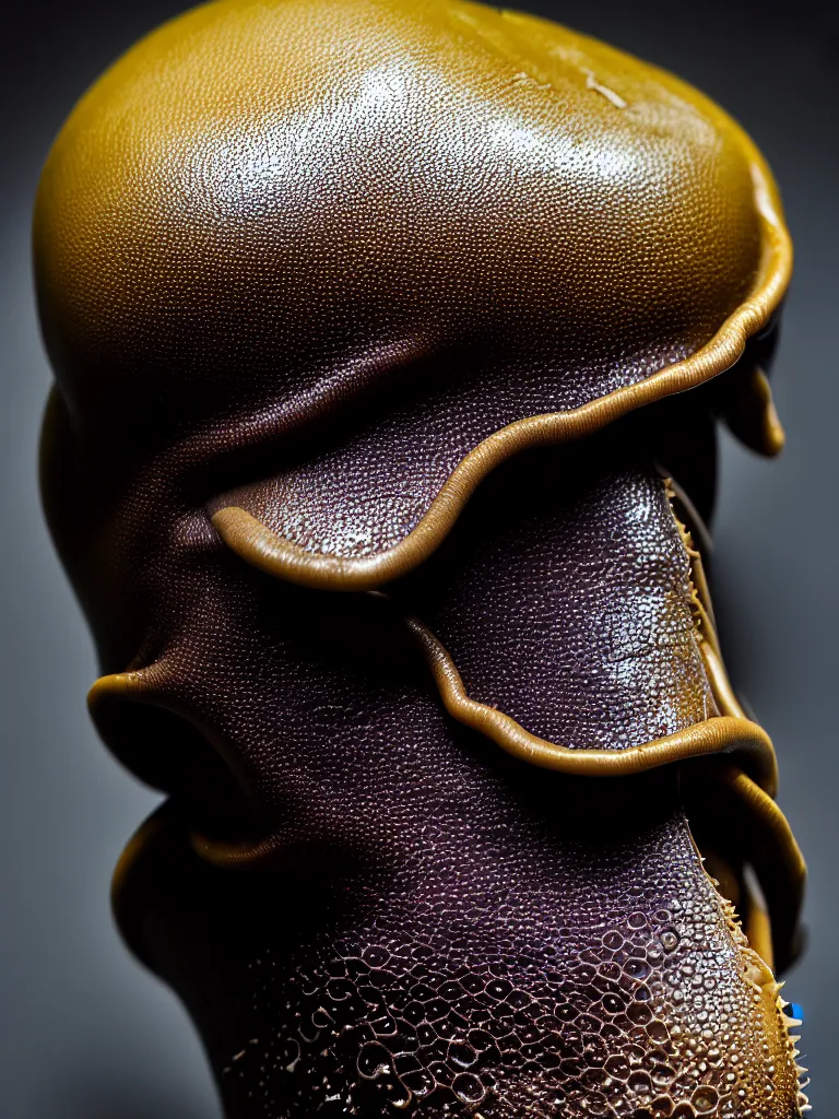 Image similar to a perfect colour portrait of a policeman. his leathery squid skin is contracting rapidly and ripping. leaking pva glue from the fissures in his stressed, agonising skin. brightly lit studio lighting