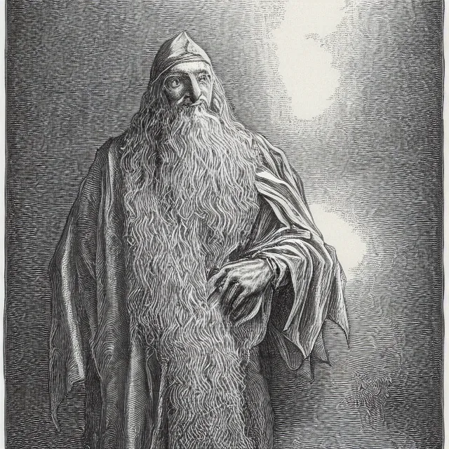 Prompt: an engraving of a wizard by gustave dore, highly detailed, white background, artstation hd