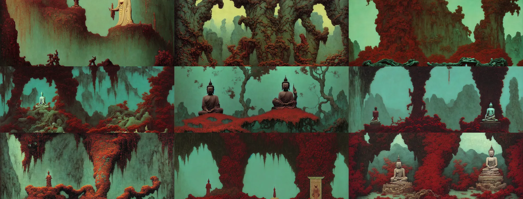 Image similar to a gorgeous bleak autumn painting by barlowe wayne, maxfield parrish, gustave dore and marco mazzoni. close - up shot on a lonely huge wet chinese buddha statue, broken, stone gate to the dark cave, vines. tiffany blue, maroon, blackish green. the winding stone steps. ultra clear detailed. 3 d, octane render. turbulent blood lake.