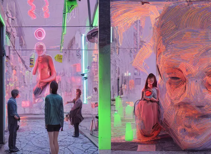 Image similar to people made of plastic and clay, neon advertisements, 3 d, exterior street, portrait face, dappled light, in the style of jeremy enecio, miles johnston, monet, cynical realism, yoshitaka amano, louise zhang, matt murphy, enes dirig, pekka halonen, finnish naturalism, realism