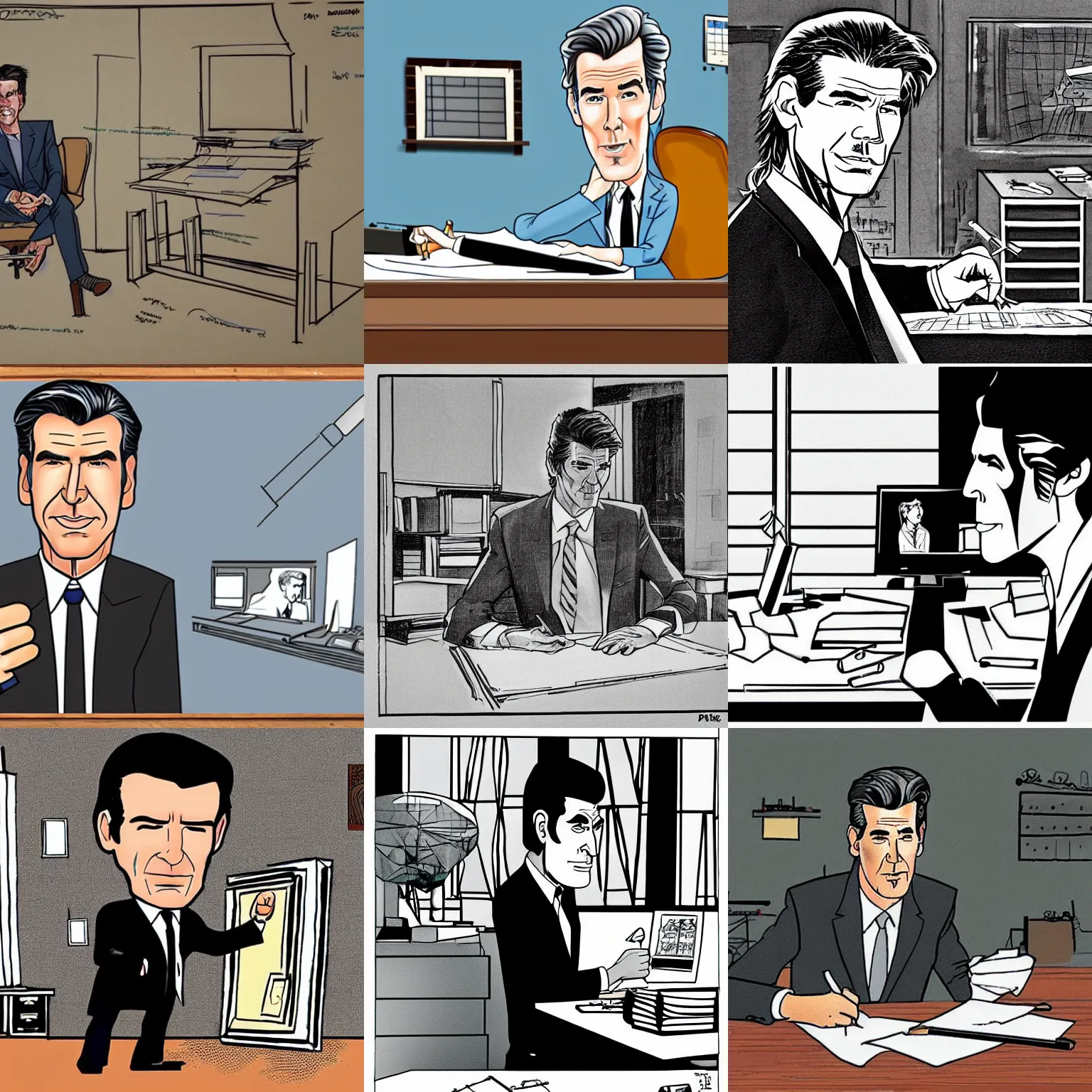 Prompt: cartoon of pierce brosnan sitting at an architect's drafting table