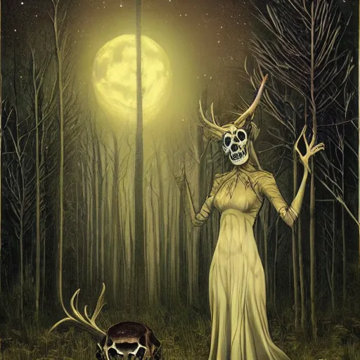 Image similar to an epic horrific wiccan gothic painting of a mother - nature witch cult woman wearing a deer skull, in a moonlit forest by gerald brom by junji ito by vanessa lemen by charlie bowater