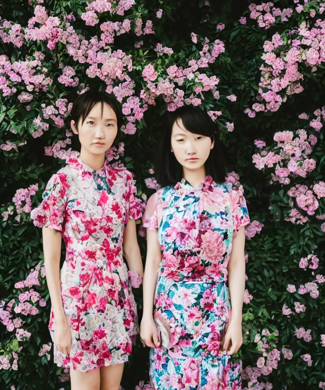 Prompt: a focus shot photo of two women in floral dress in taiwan