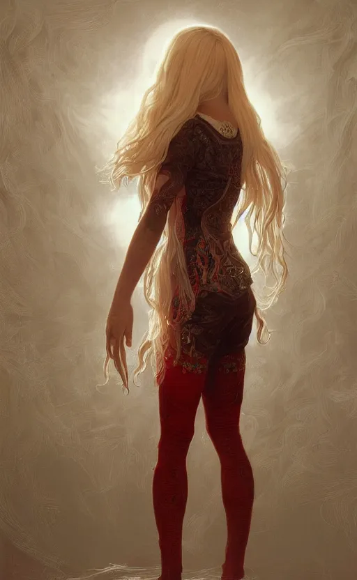 Image similar to full body shot of a young girl with blond twin tail hair and red eyes standing in front of a white wall, intricate details, eerie, highly detailed, photorealistic, octane render, 8 k, unreal engine, art by artgerm and greg rutkowski and alphonse mucha