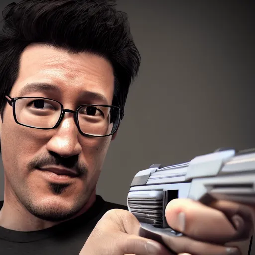 Image similar to markiplier with a desert eagle, 8 k, detailed, octane render, markiplier, pistol, youtube, thumbnail