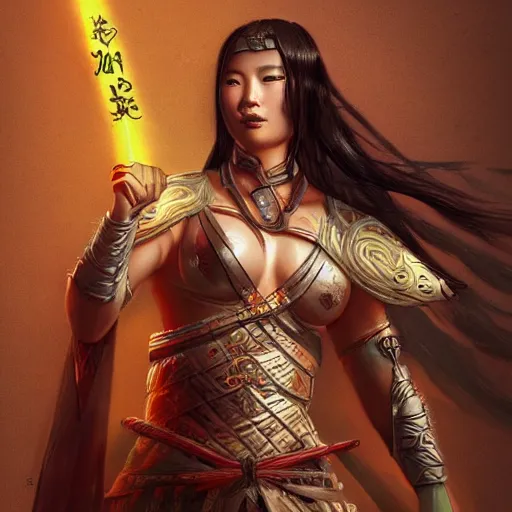 Image similar to Beautiful full body matte painting of a beautiful warrior woman wearing Ming Dynasty armor fighting a Ninja, concept art, artstation