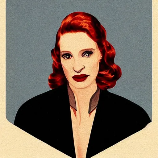 Image similar to “Jessica Chastain portrait, color vintage magazine illustration 1950”