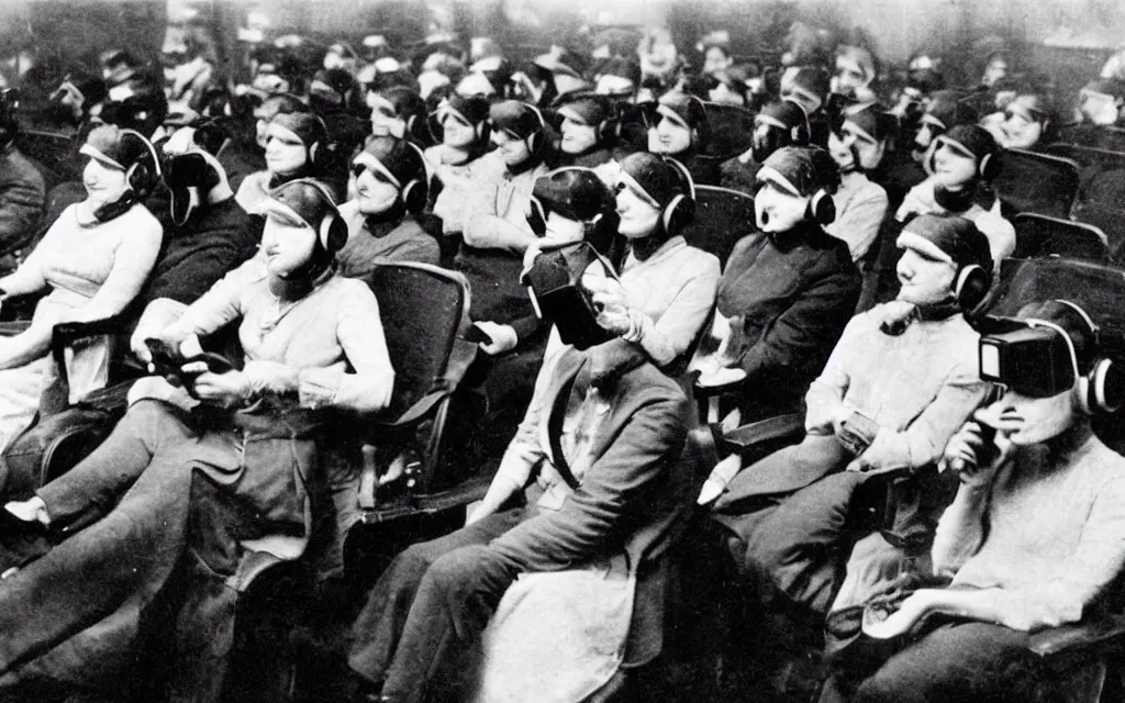 Image similar to 1 9 0 0 s photo of people using iphones ipods virtual reality headsets vr in a movie theater