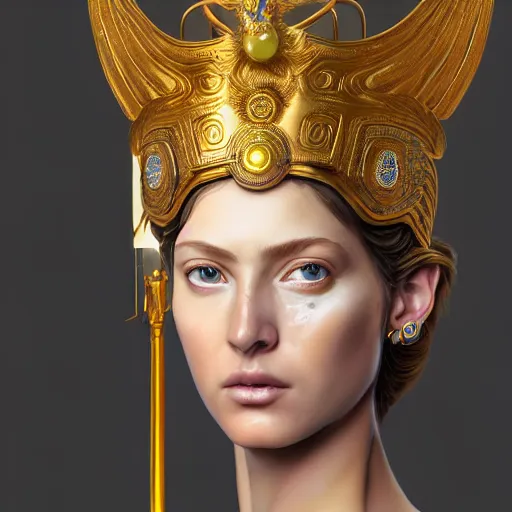 Image similar to hyperrealistic mixed media painting of beautiful goddess Athena, stunning 3d render inspired art by P. Craig Russell and Barry Windsor-Smith, perfect facial symmetry, dim volumetric lighting, full full full full face face face face face 8k octane beautifully detailed render, headpiece headpiece headpiece, post-processing, portrait, extremely hyper-detailed, intricate, epic composition, brown brown brown eyes eyes eyes eyes, realistic realistic realistic eyes, cinematic lighting, masterpiece, trending on artstation, detailed detailed detailed, masterpiece, stunning