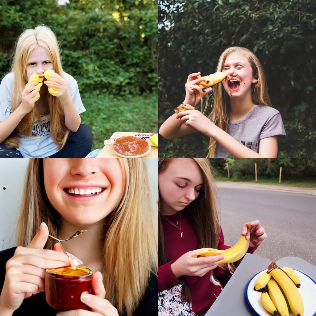 Prompt: photo of a teenage girl with medium length blonde hair eating a banana with bbq sauce on it