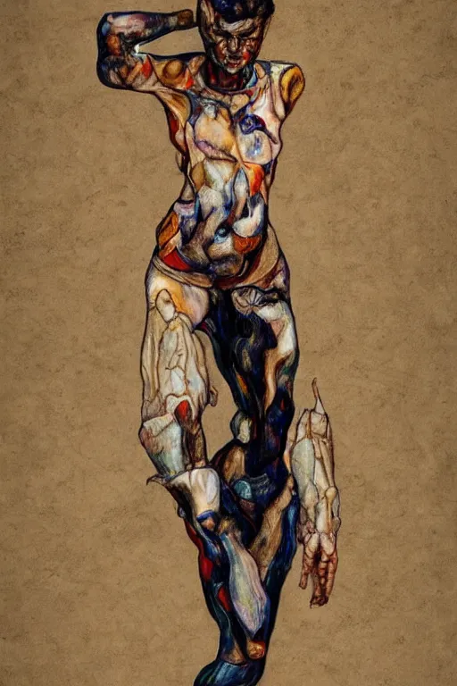 Image similar to a full body character with lifted arms in style of egon schiele, masterpiece, hyperdetailed, complex, intricate, veiled, 4 k, dynamic!! trending on artstation,