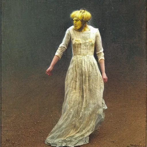 Image similar to A body art. A rip in spacetime. Did this device in her hand open a portal to another dimension or reality?! linen, lemon chiffon by John Atkinson Grimshaw chaotic, turbulent