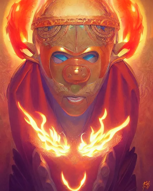 Prompt: happy mask salesman from zelda, full body photo, flames everywhere, highly detailed, digital painting, artstation, concept art, smooth, sharp focus, illustration, art by artgerm and greg rutkowski and alphonse mucha