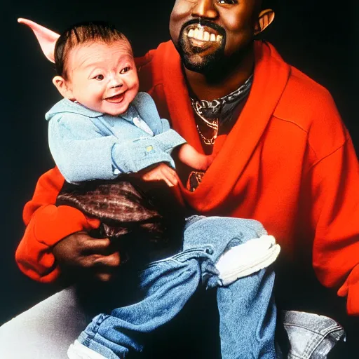 Prompt: kanye west smiling and holding holding baby yoda for a 1 9 9 0 s sitcom tv show, studio photograph, portrait c 1 2. 0