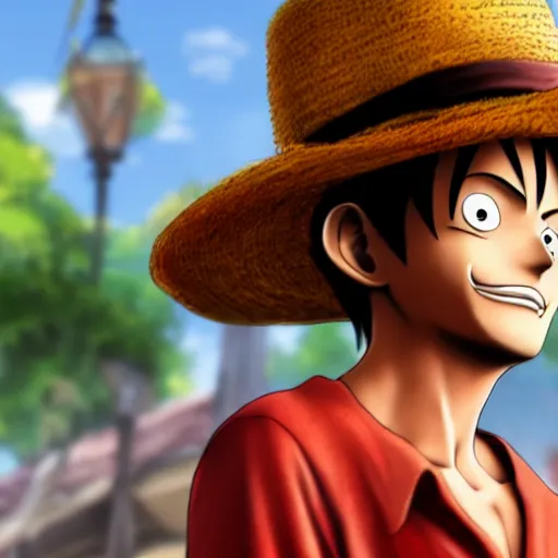 Image similar to photorealistic luffy in real life, random content position, details face content, details body content, medium long shot, highly content details, real human face content.