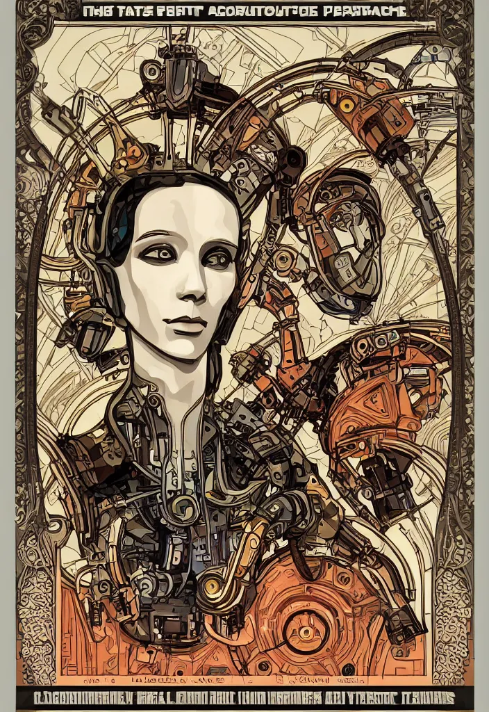 Prompt: Art nouveau robot portrait poster