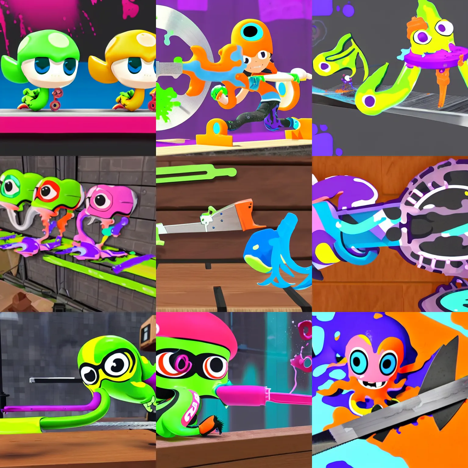 Prompt: Splatoon squids getting cut in half by a saw