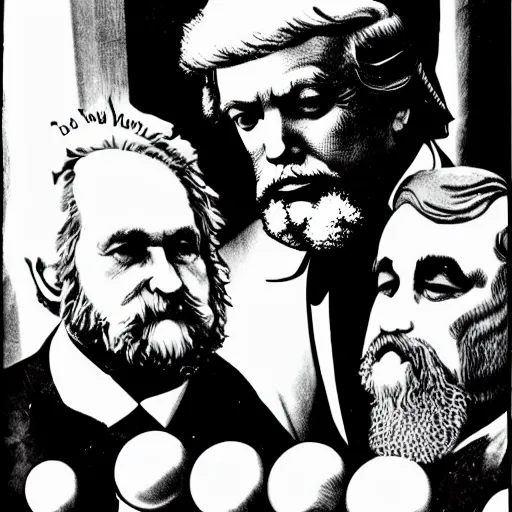 Image similar to karl marx fighting donald trump on marimbas. black and white high contrast