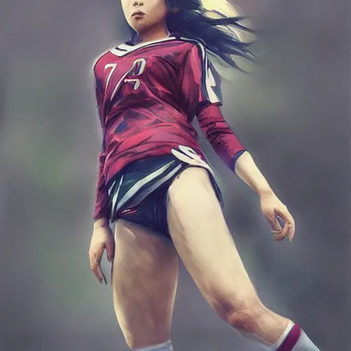 Prompt: A gorgeous feminine Japanese football player, elaborate polished, trending on ArtStation, by Ruan Jia.