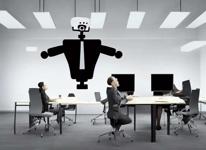 Prompt: A business meeting room. there are 2 people in the room. the first is a severed human head. flying human head. The head is Hovering with no body. the second person is the room is a Robot.