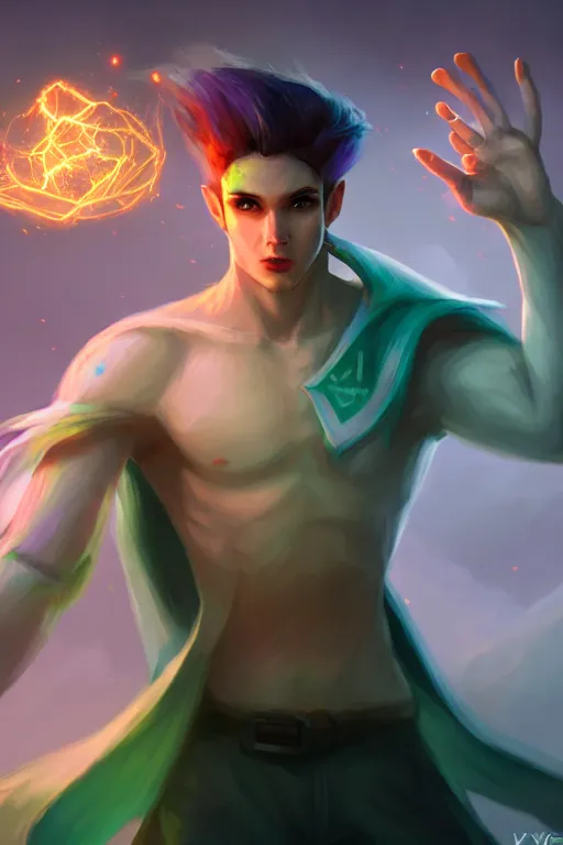 Image similar to a human elemental sorcerer, forest setting, colorful magic, male, white skin, young, sharp focus, concept art, dynamic lighting, unreal engine, by kyle herring